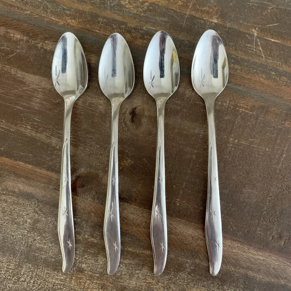 4 MAR-CREST CITATION stainless Iced Tea Spoons/MCM Atomic Starburst/wavy handle